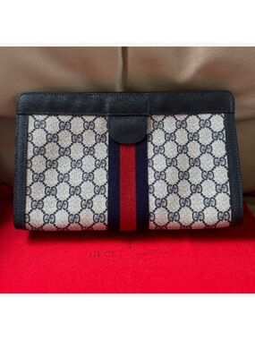 Authentic Vintage Gucci Web Monogram Canvas Black Leather Velcro Chain Clutch